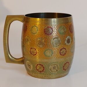 Decorative Handcrafted Brass Mug with Multicolor Floral Inlay